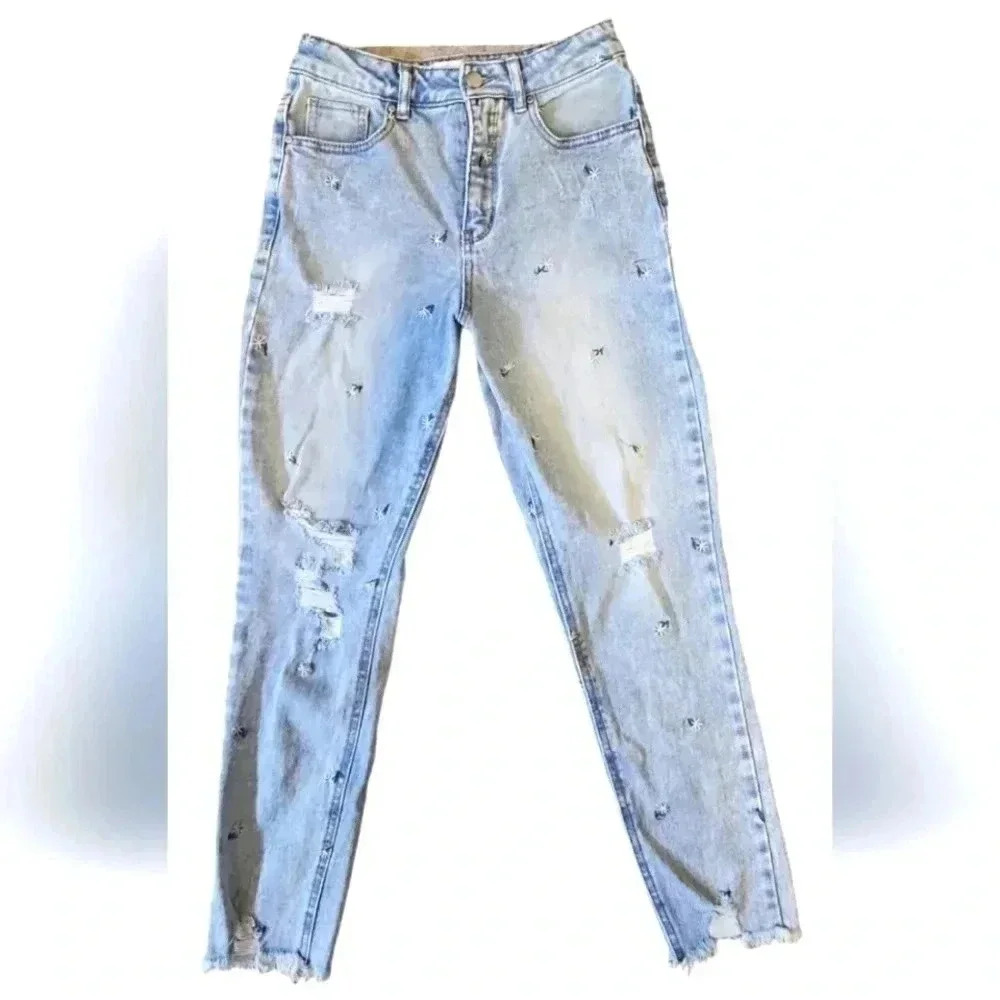 TINSELTOWN Womens High Rise Distressed Daisy Embroidered Jeans Size 3 - …